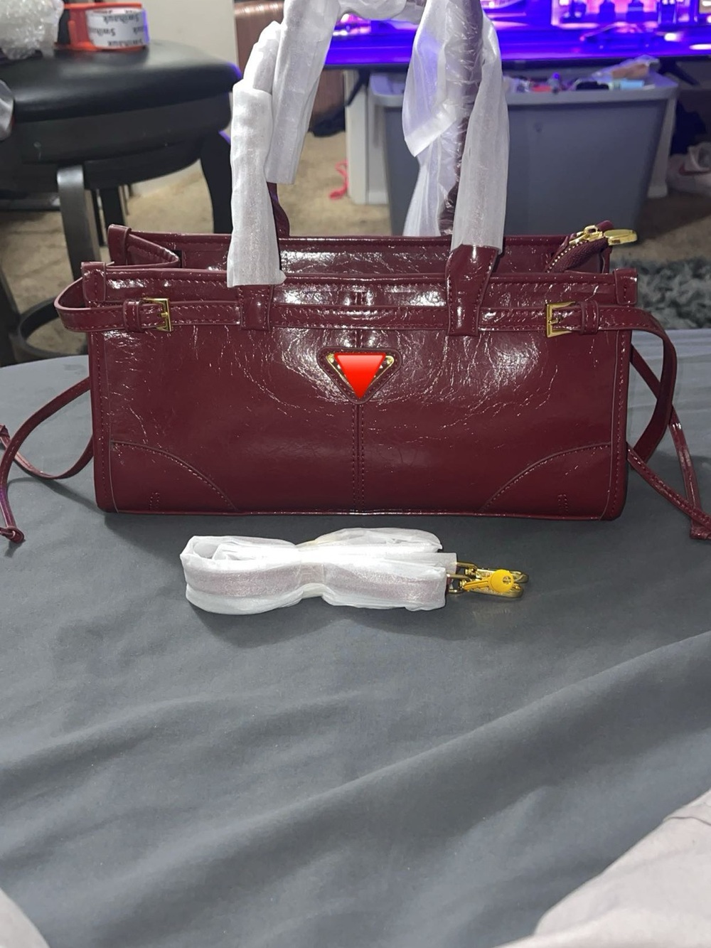 Patent Satchel Handbag in Deep Wine Red
